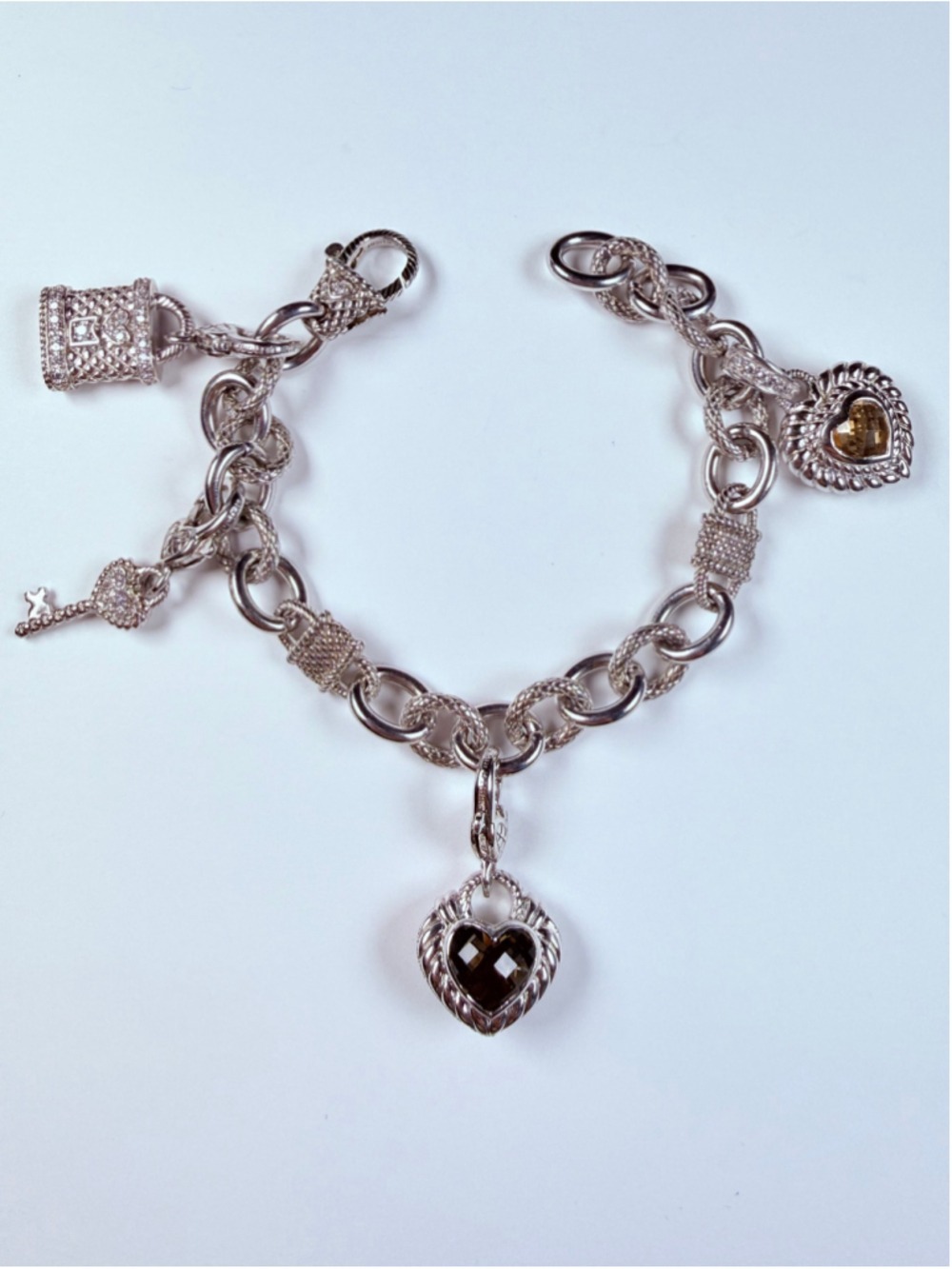 Judith Ripka 4 Enhancer Charm Diamonique Gemstone Heart Lock Key Heavy Bracelet